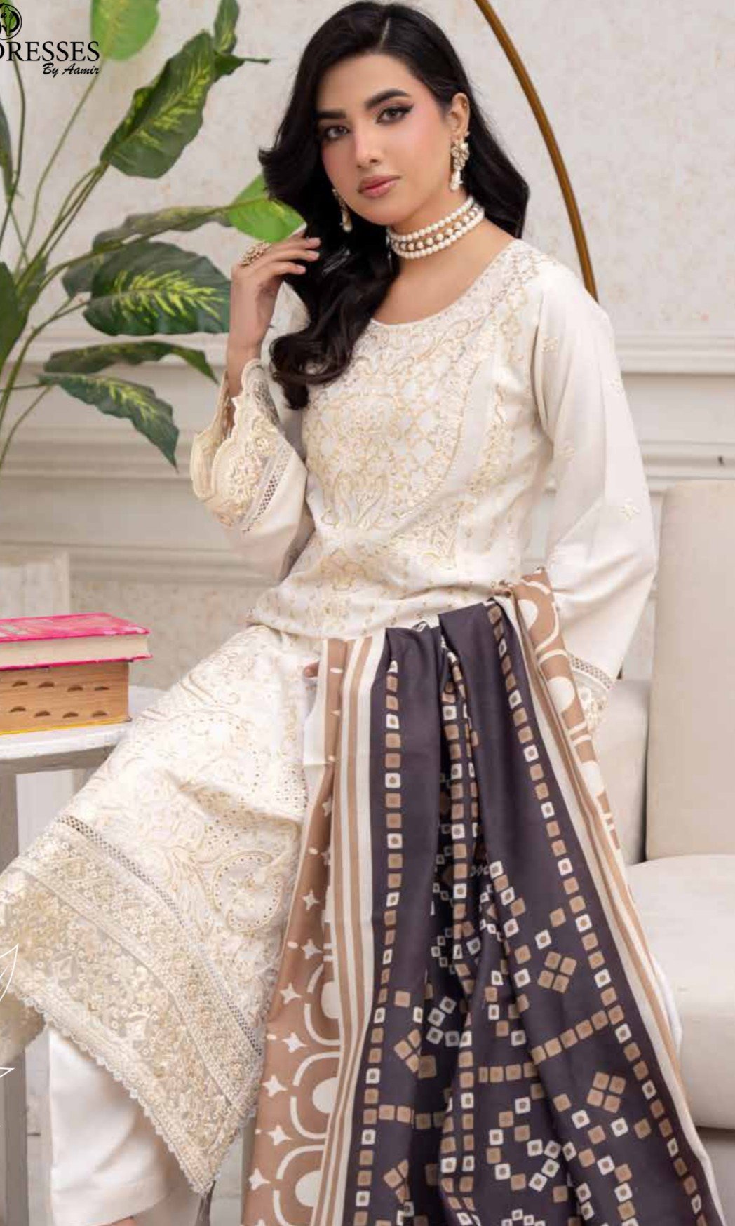 Elegant Ivory Embroidered 3-Piece Suit , Sadaf 2 D2 - Image 2