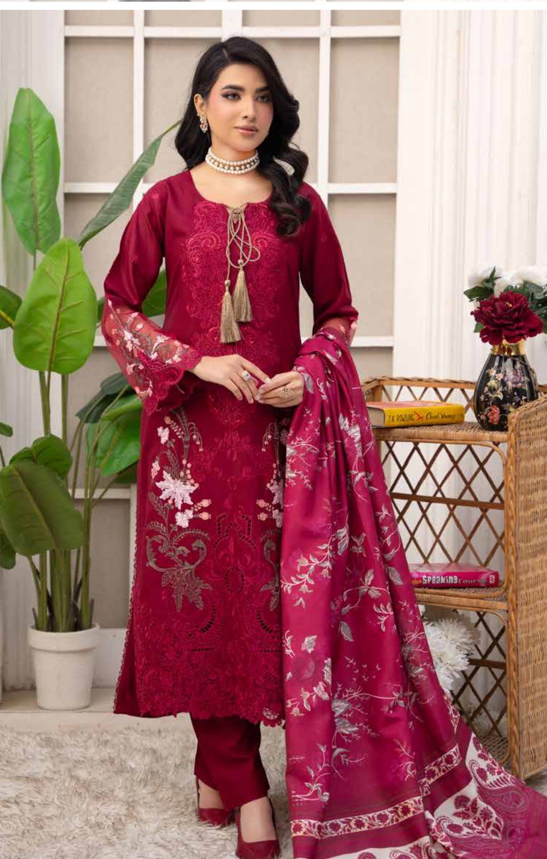 Maroon Embroidered Luxury 3-Piece Suit , Sadaf 2 D3