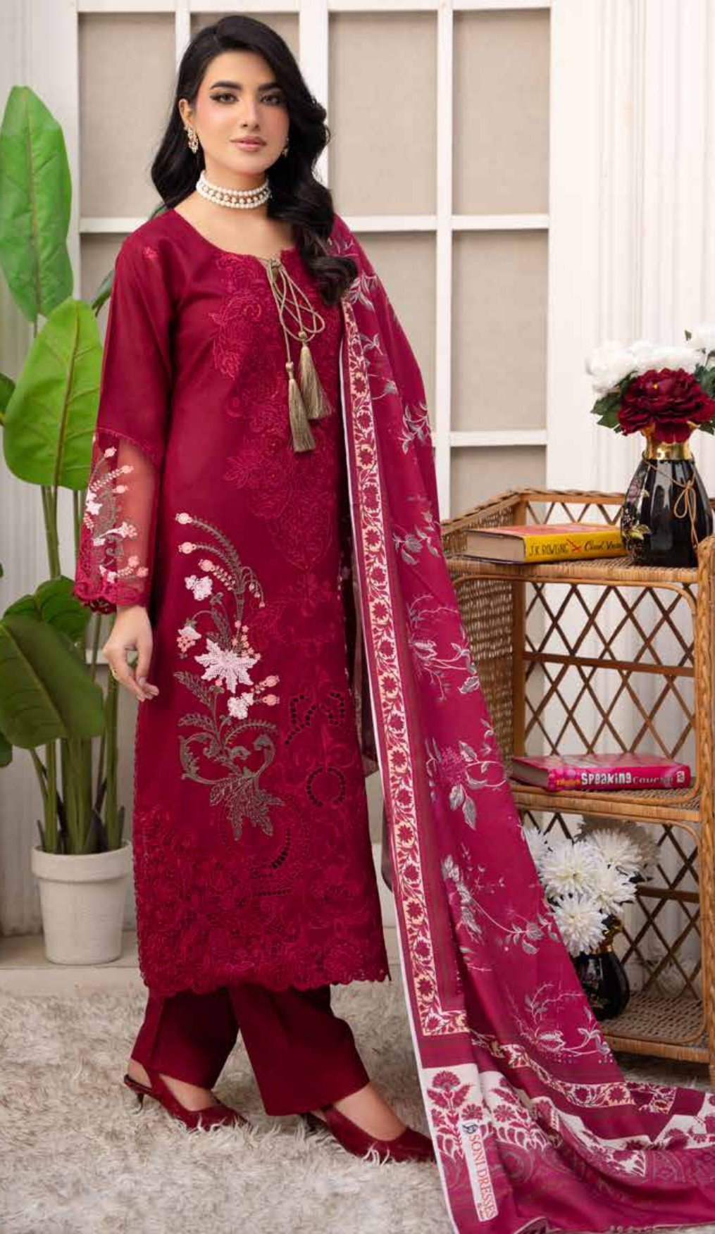 Maroon Embroidered Luxury 3-Piece Suit , Sadaf 2 D3 - Image 3