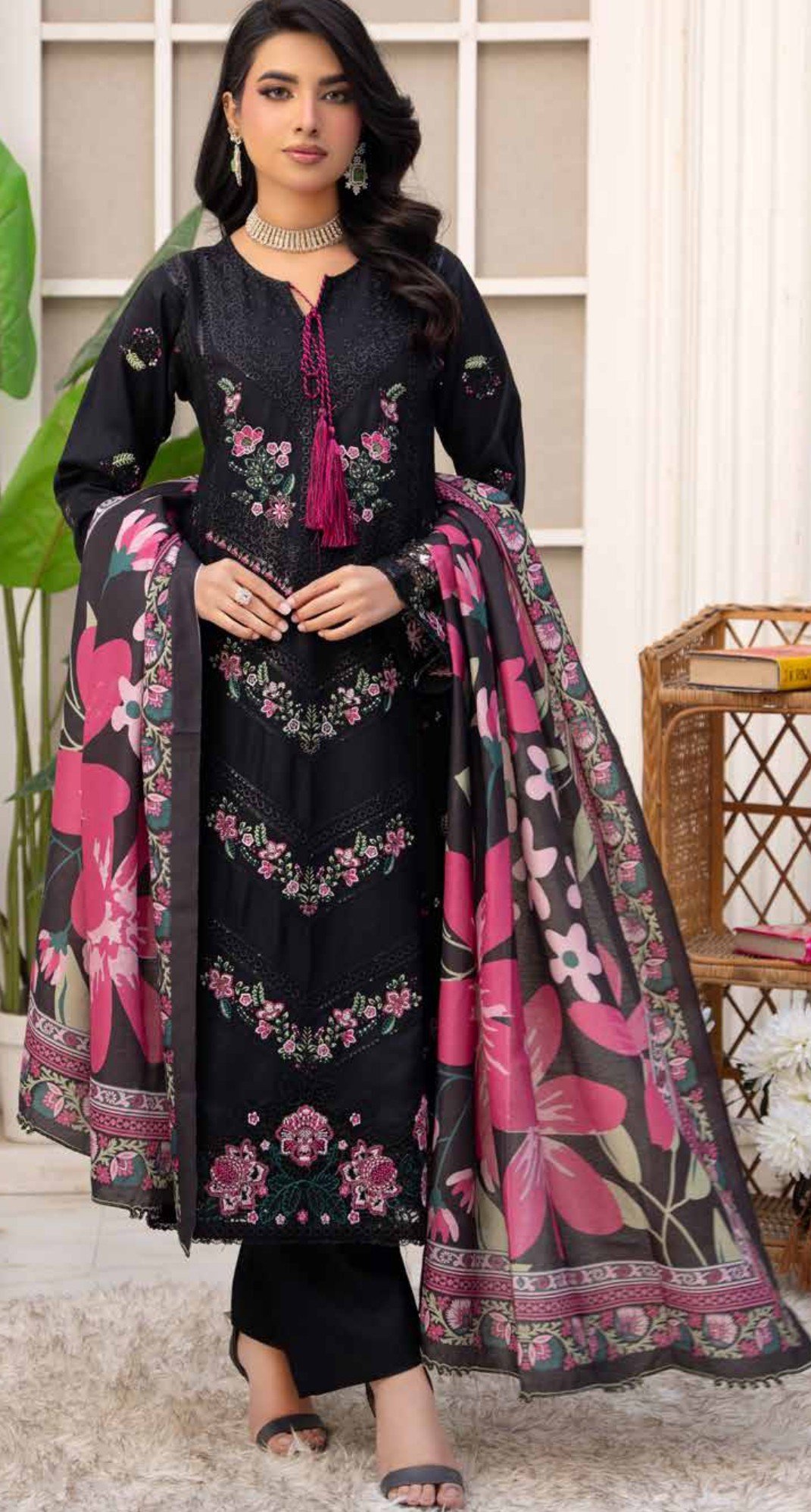 Elegant Black Floral Embroidered 3- piece Suit , Sadaf 2 D4