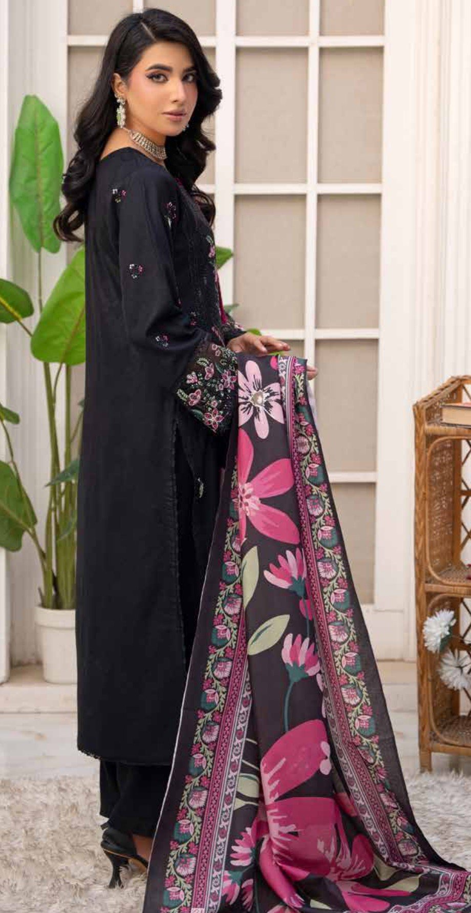 Elegant Black Floral Embroidered 3- piece Suit , Sadaf 2 D4 - Image 4