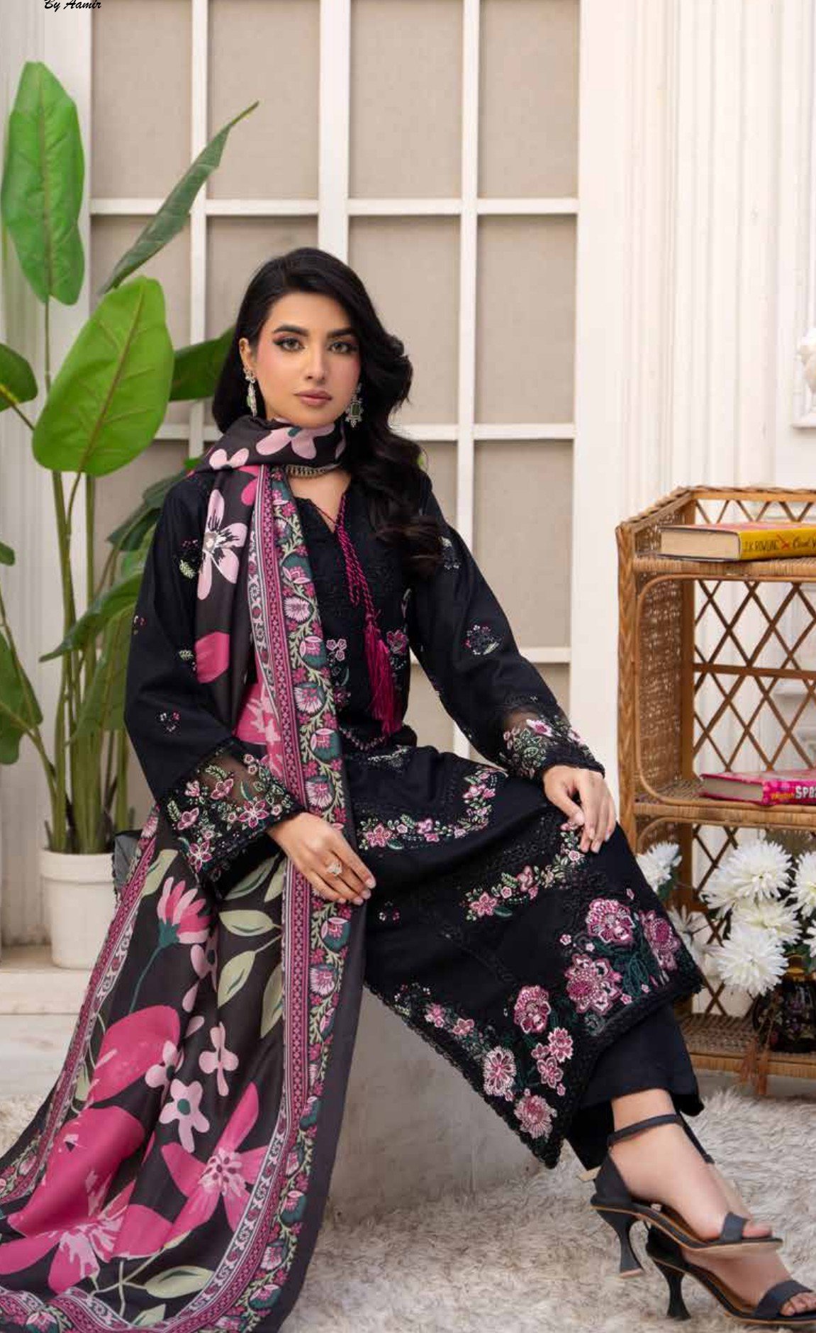 Elegant Black Floral Embroidered 3- piece Suit , Sadaf 2 D4 - Image 3