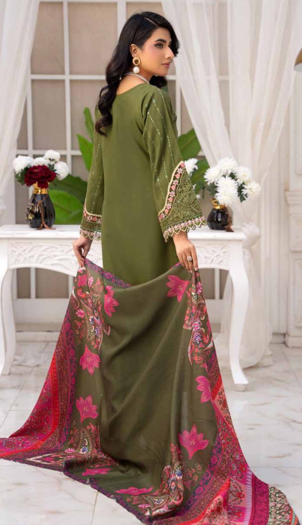 Luxury Olive Green Embroidered 3-Piece Suit, Sadaf 2 D5 - Image 2