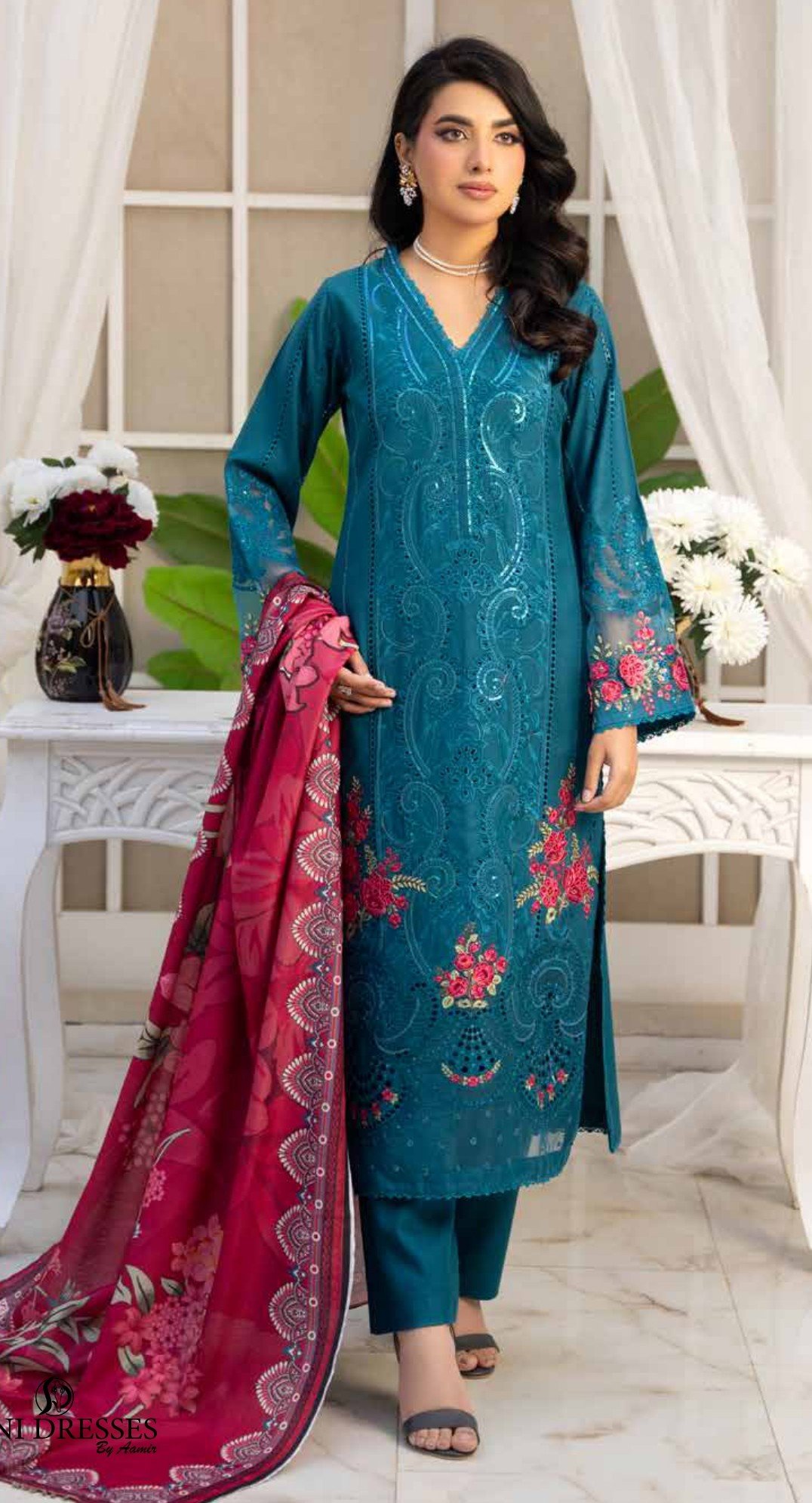 Luxury Teal Blue Embroidered 3-Piece Suit, Sadaf 2 D6