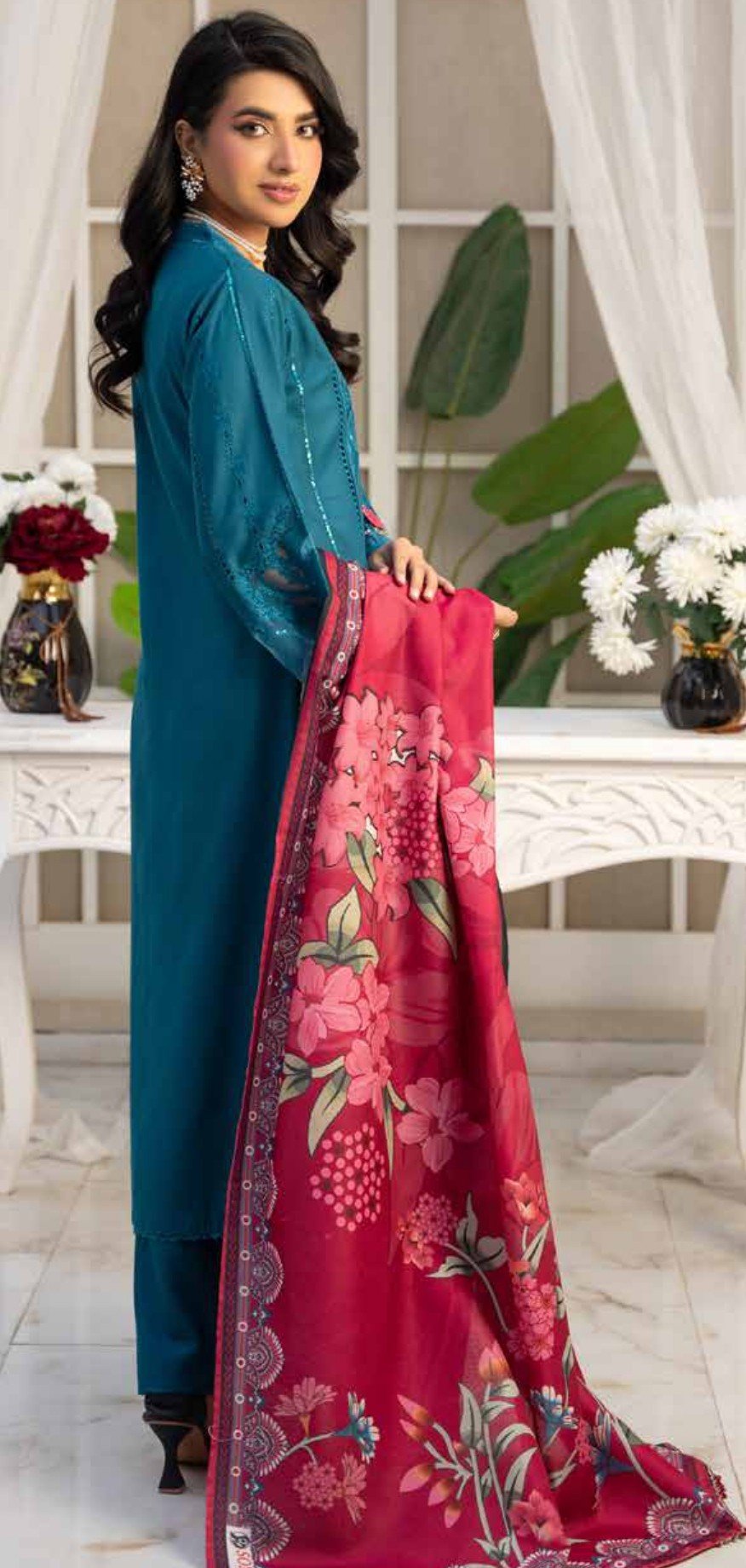 Luxury Teal Blue Embroidered 3-Piece Suit, Sadaf 2 D6 - Image 3