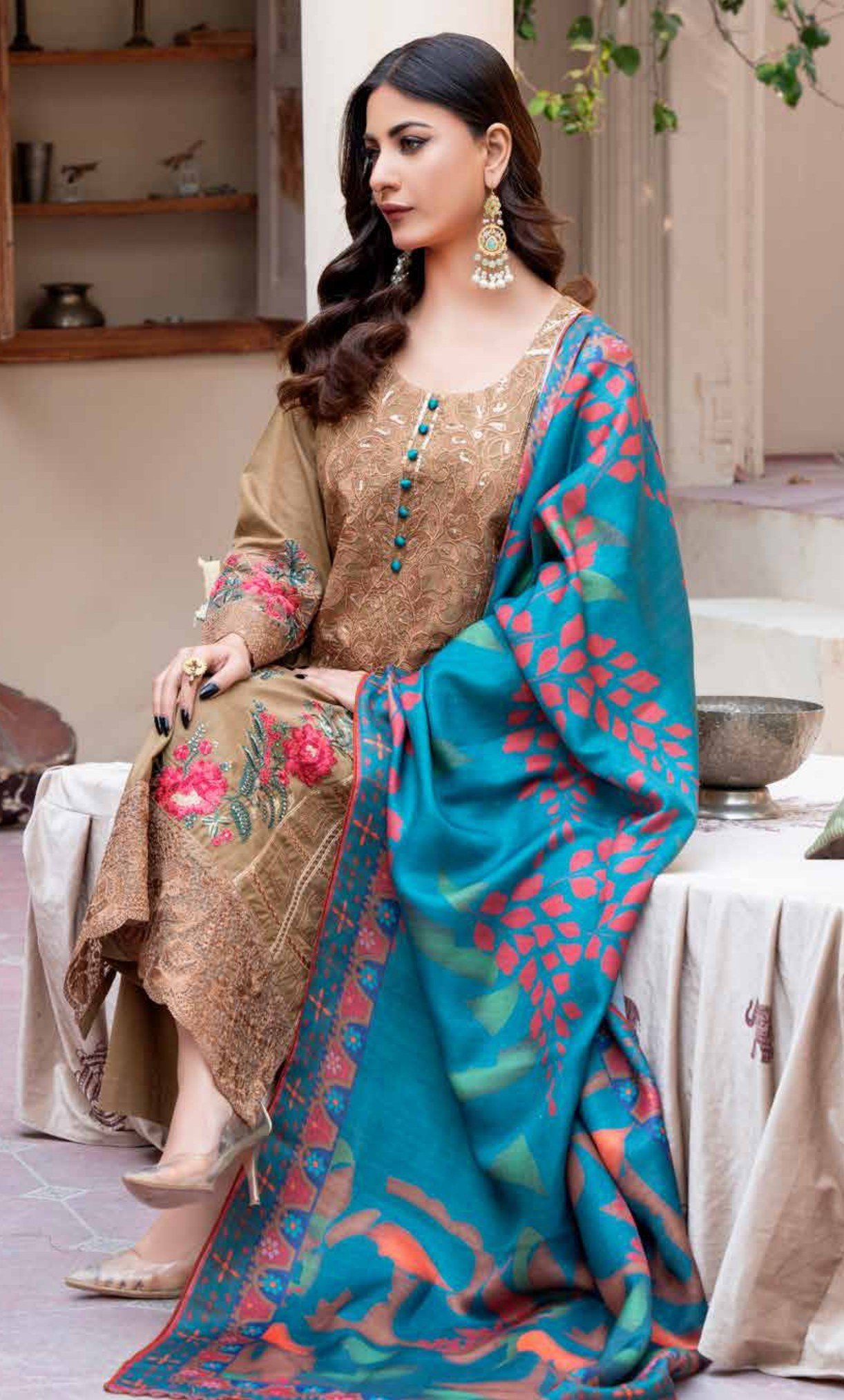 Caramel Brown Embroidered 3-Piece Suit with Teal Dupatta, Ashi 2 D5 - Image 4