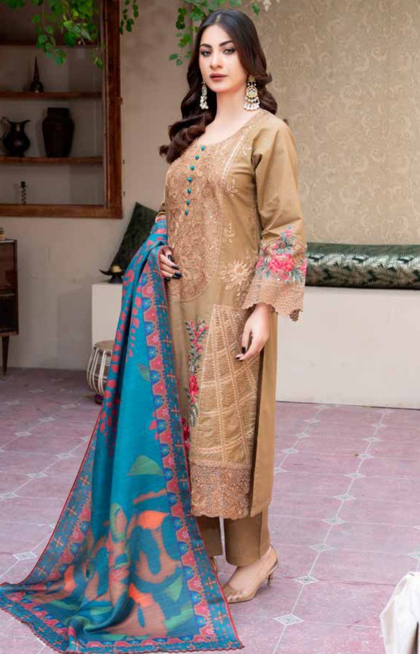 Caramel Brown Embroidered 3-Piece Suit with Teal Dupatta, Ashi 2 D5 - Image 3