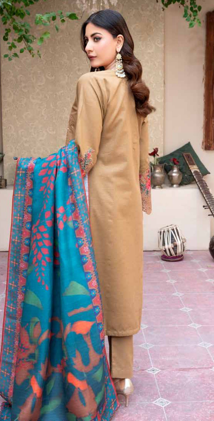 Caramel Brown Embroidered 3-Piece Suit with Teal Dupatta, Ashi 2 D5 - Image 2