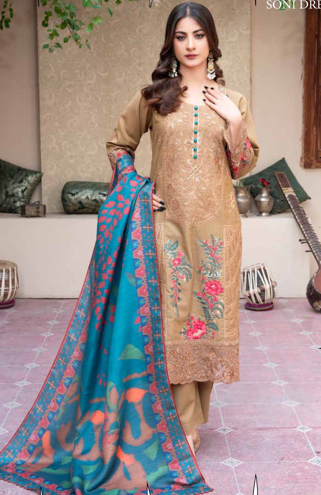 Caramel Brown Embroidered 3-Piece Suit with Teal Dupatta, Ashi 2 D5