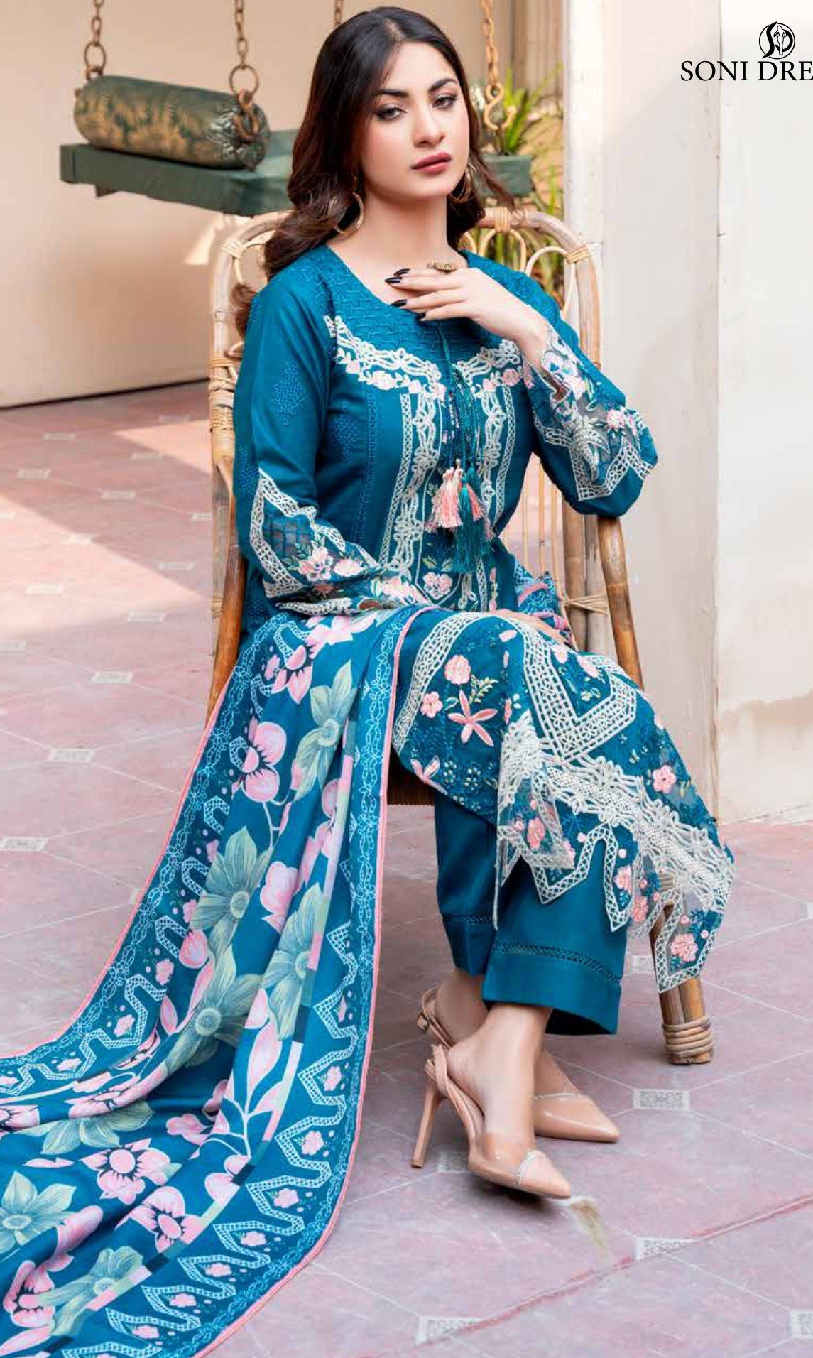 Luxury Teal Blue Embroidered 3-Piece Suit with Floral Dupatta, Ashi 2 D6 - Image 4