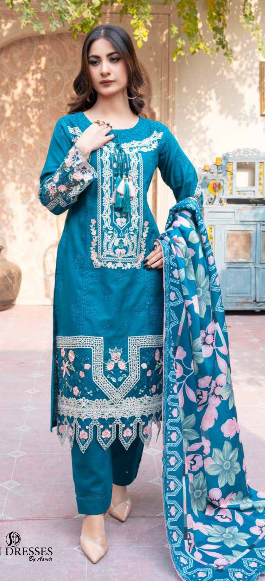 Luxury Teal Blue Embroidered 3-Piece Suit with Floral Dupatta, Ashi 2 D6 - Image 3