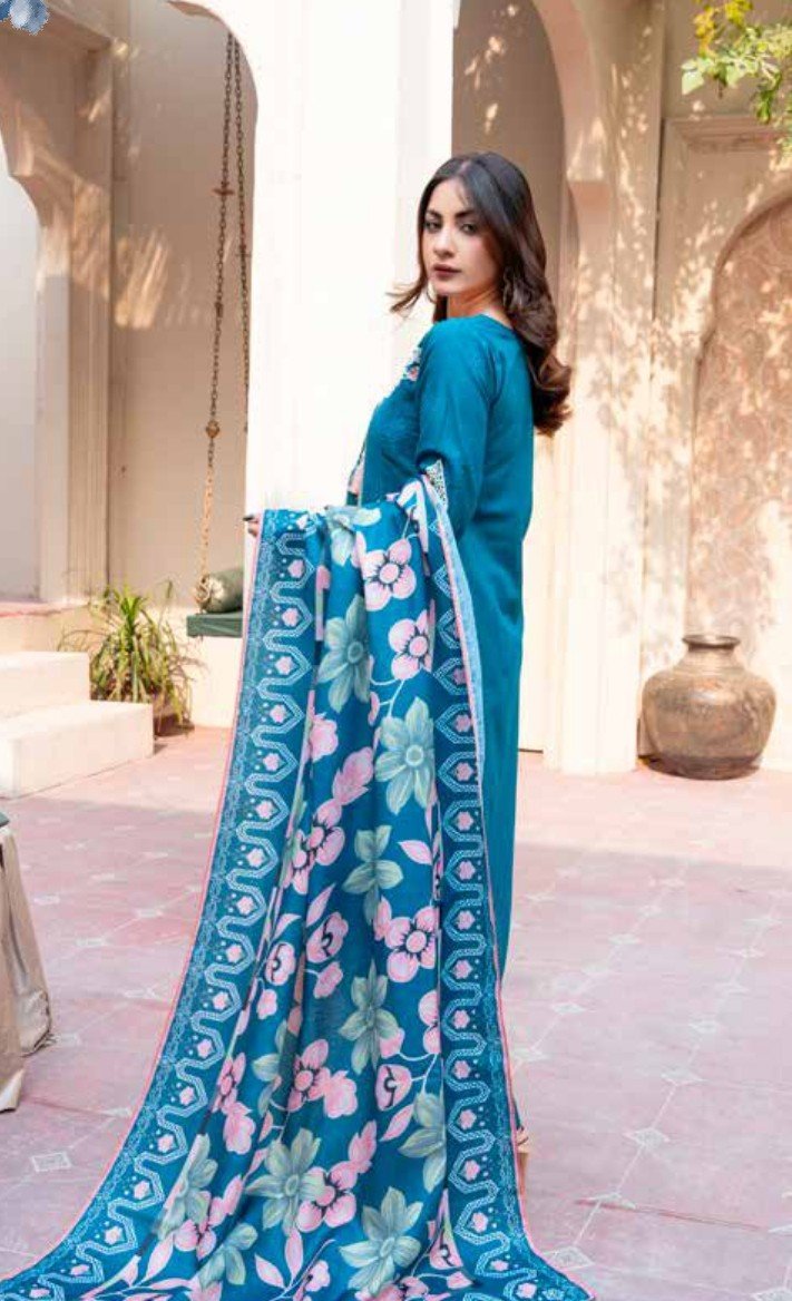 Luxury Teal Blue Embroidered 3-Piece Suit with Floral Dupatta, Ashi 2 D6