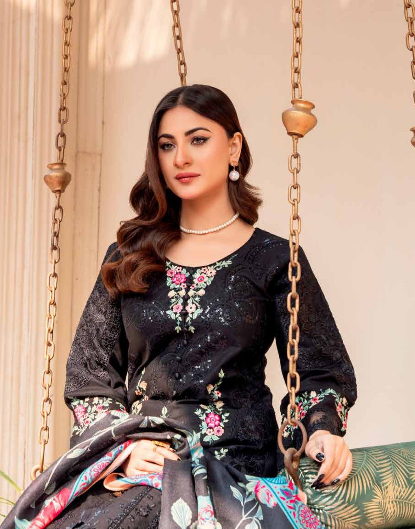 Luxury Black Floral Embroidered 3-Piece Suit, Ashi 2 D1