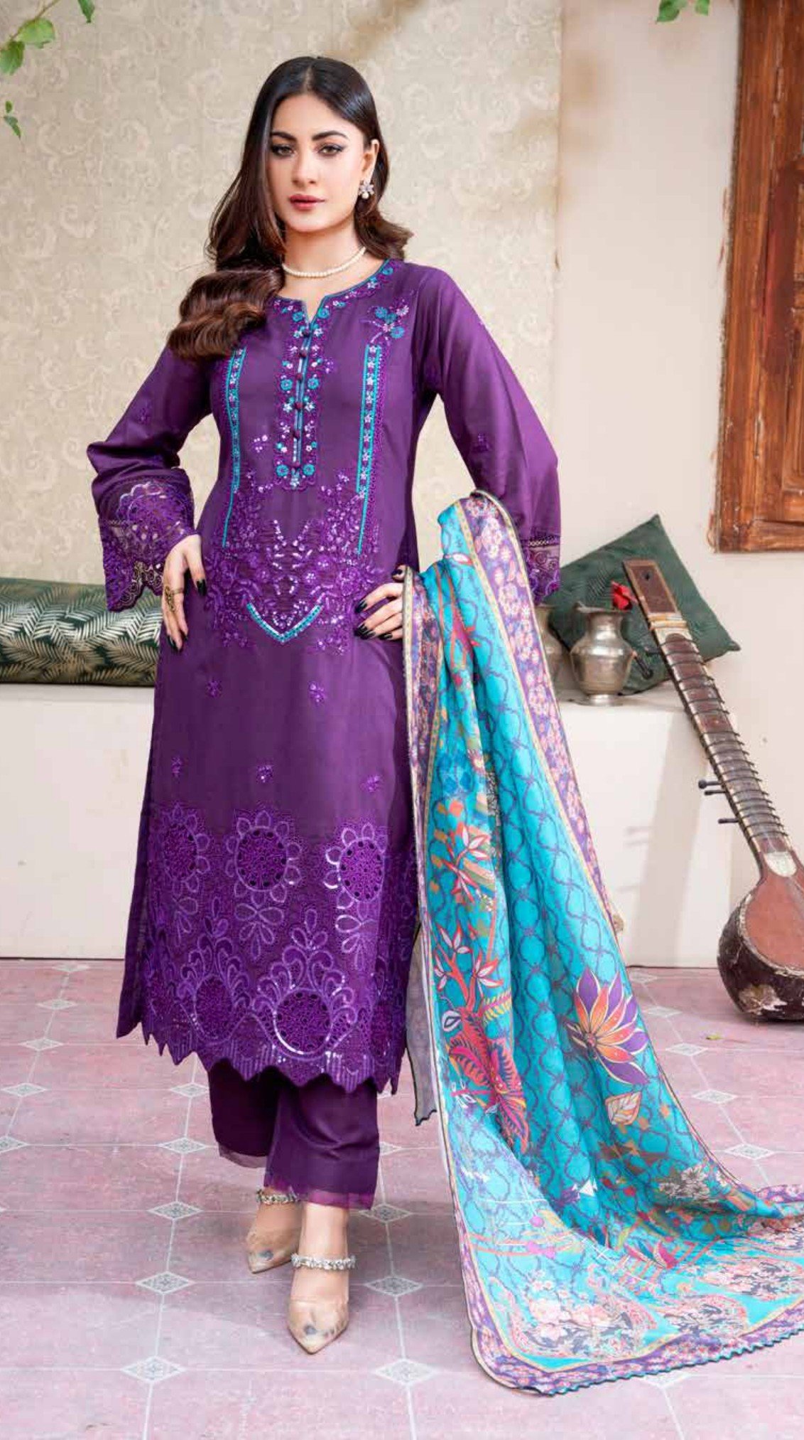 Royal Purple Embroidered 3-Piece Suit with Aqua Dupatta, Ashi 2 D2