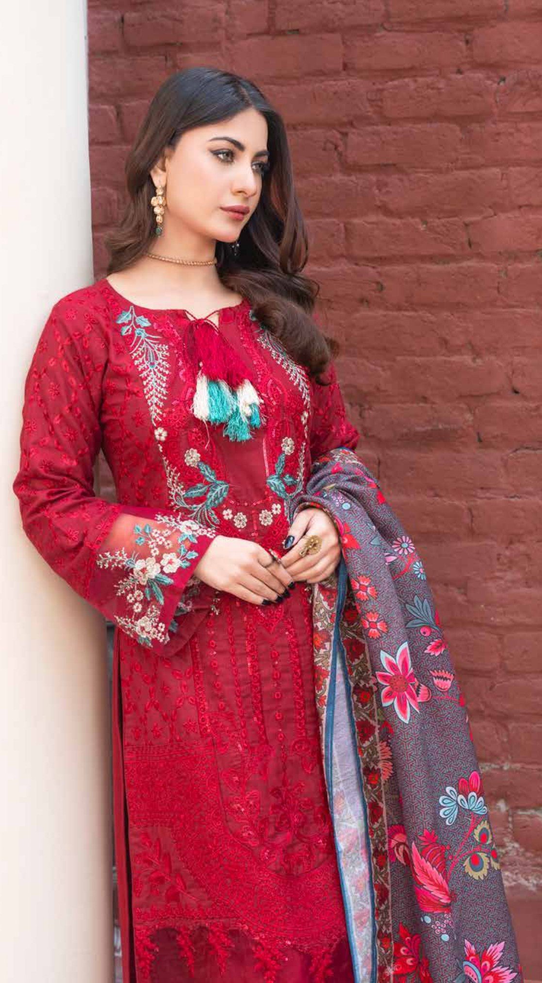 Crimson Red Embroidered 3-Piece Suit with Printed Shawl, Ashi 2 D3 - Image 2
