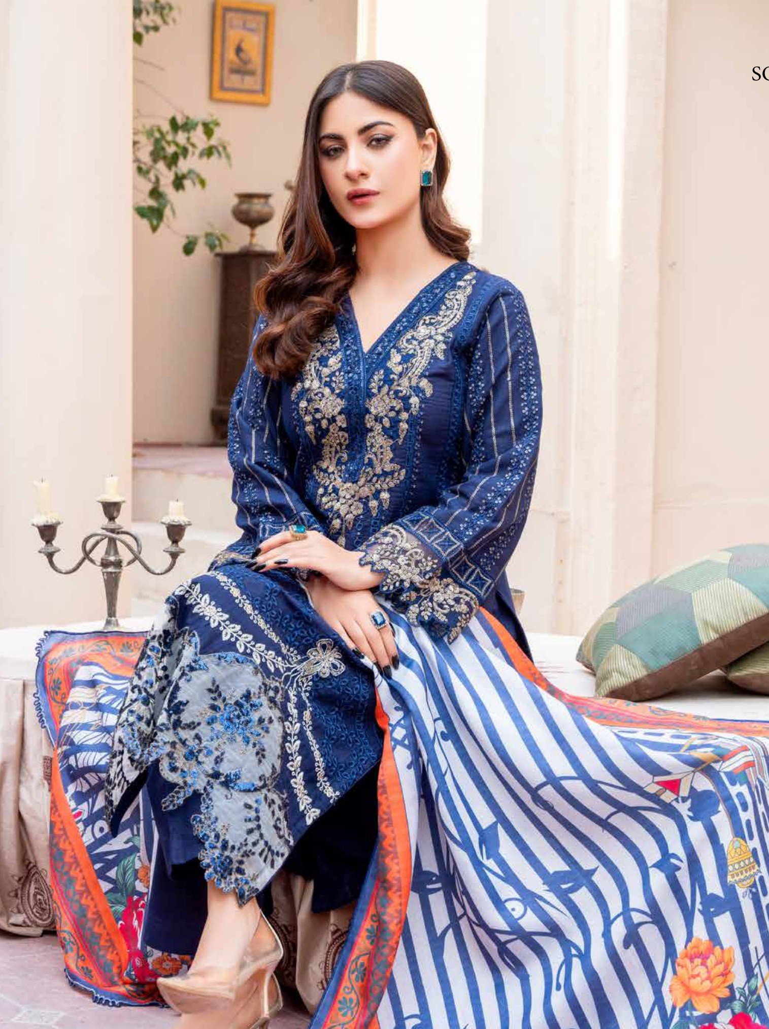 Midnight Blue Embroidered 3-Piece Suit with Striped Dupatta, Ashi 2 D4 - Image 4