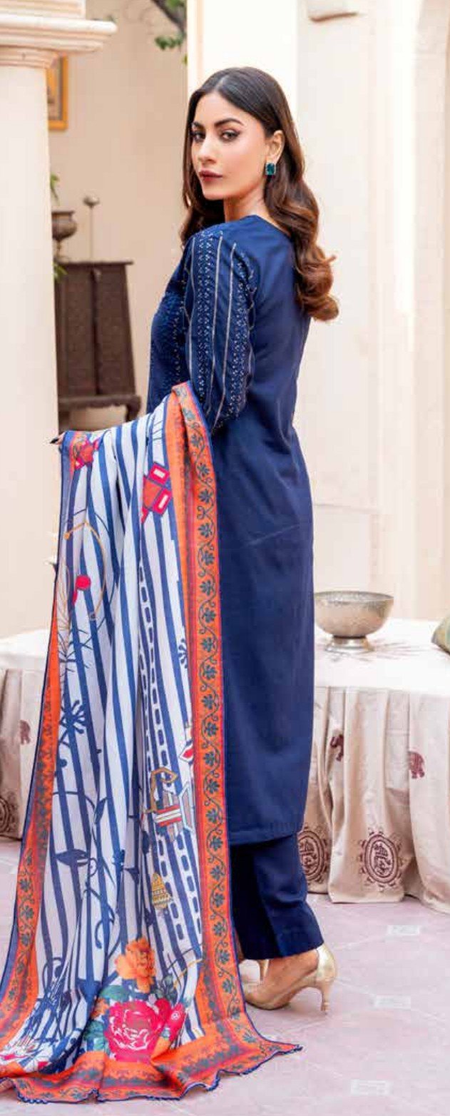 Midnight Blue Embroidered 3-Piece Suit with Striped Dupatta, Ashi 2 D4 - Image 2