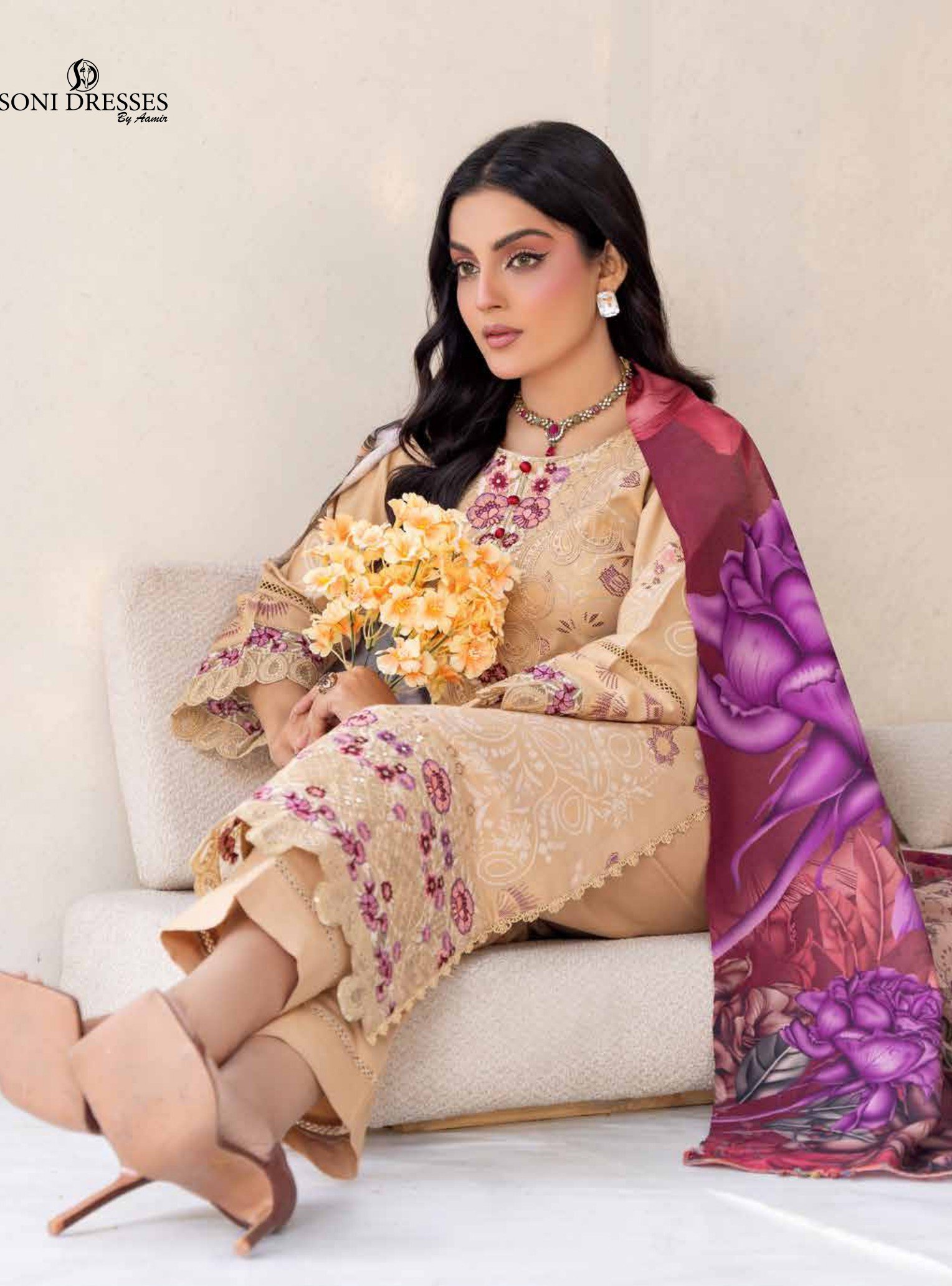 Luxury Sand Beige Embroidered 3-Piece Suit with Purple Floral Dupatta, Zouq D1 - Image 2