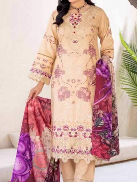 Luxury Sand Beige Embroidered 3-Piece Suit with Purple Floral Dupatta, Zouq D1