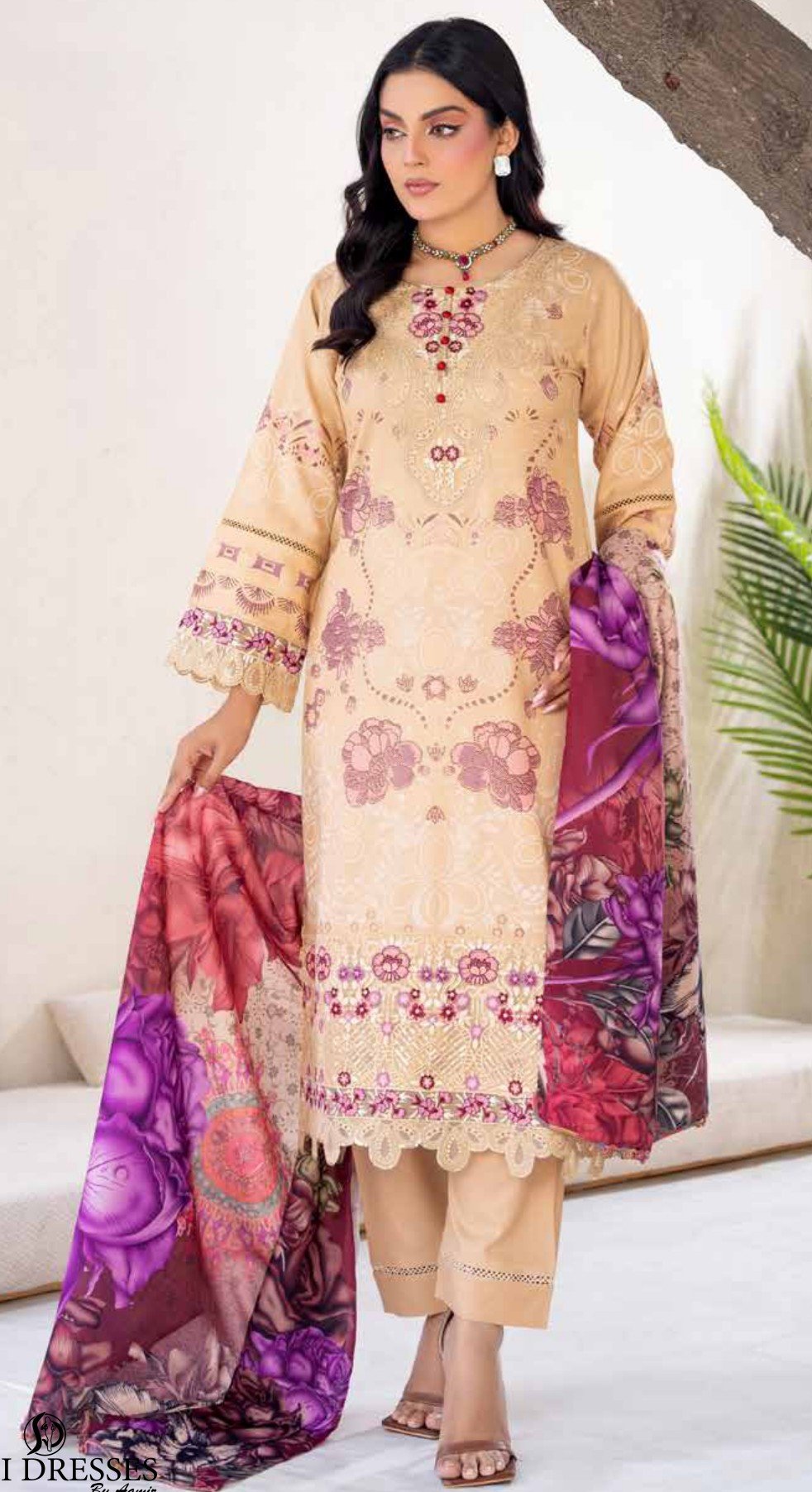 Luxury Sand Beige Embroidered 3-Piece Suit with Purple Floral Dupatta, Zouq D1