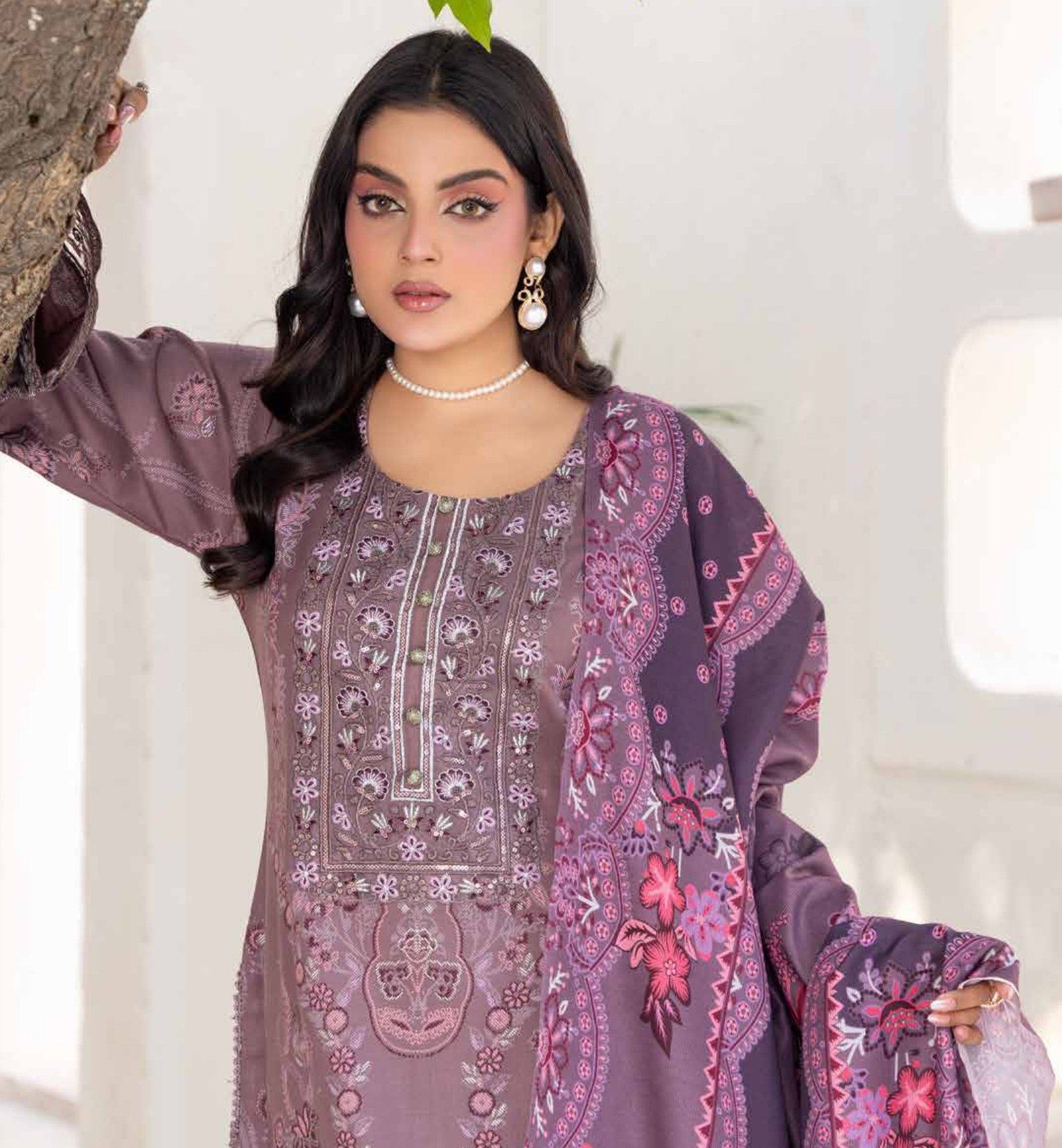 Luxury Smoky Mauve Embroidered 3-Piece Suit with Deep Plum Dupatta, Zouq D2 - Image 2