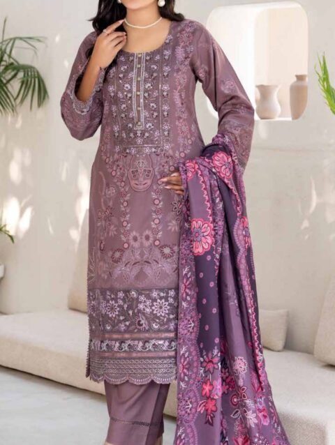 Luxury Smoky Mauve Embroidered 3-Piece Suit with Deep Plum Dupatta, Zouq D2