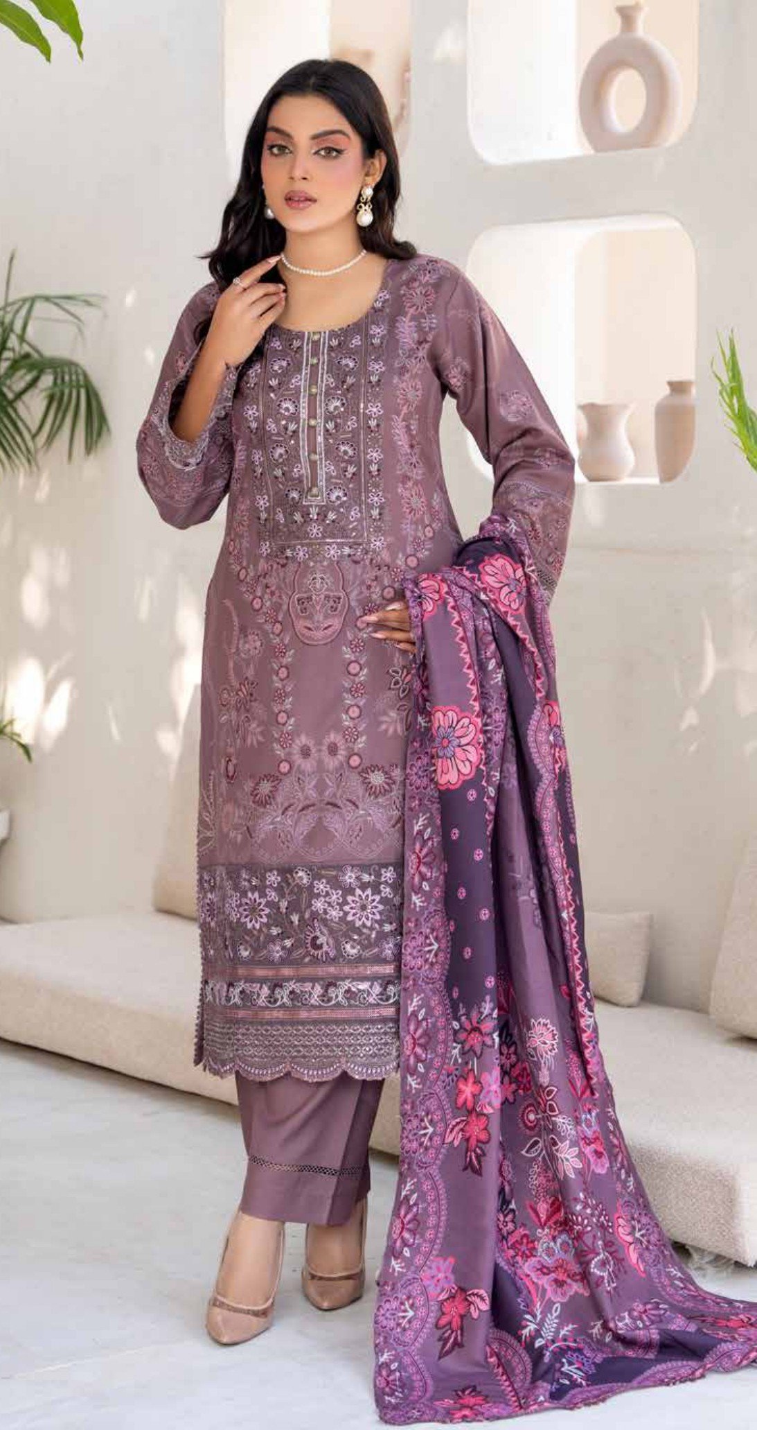 Luxury Smoky Mauve Embroidered 3-Piece Suit with Deep Plum Dupatta, Zouq D2