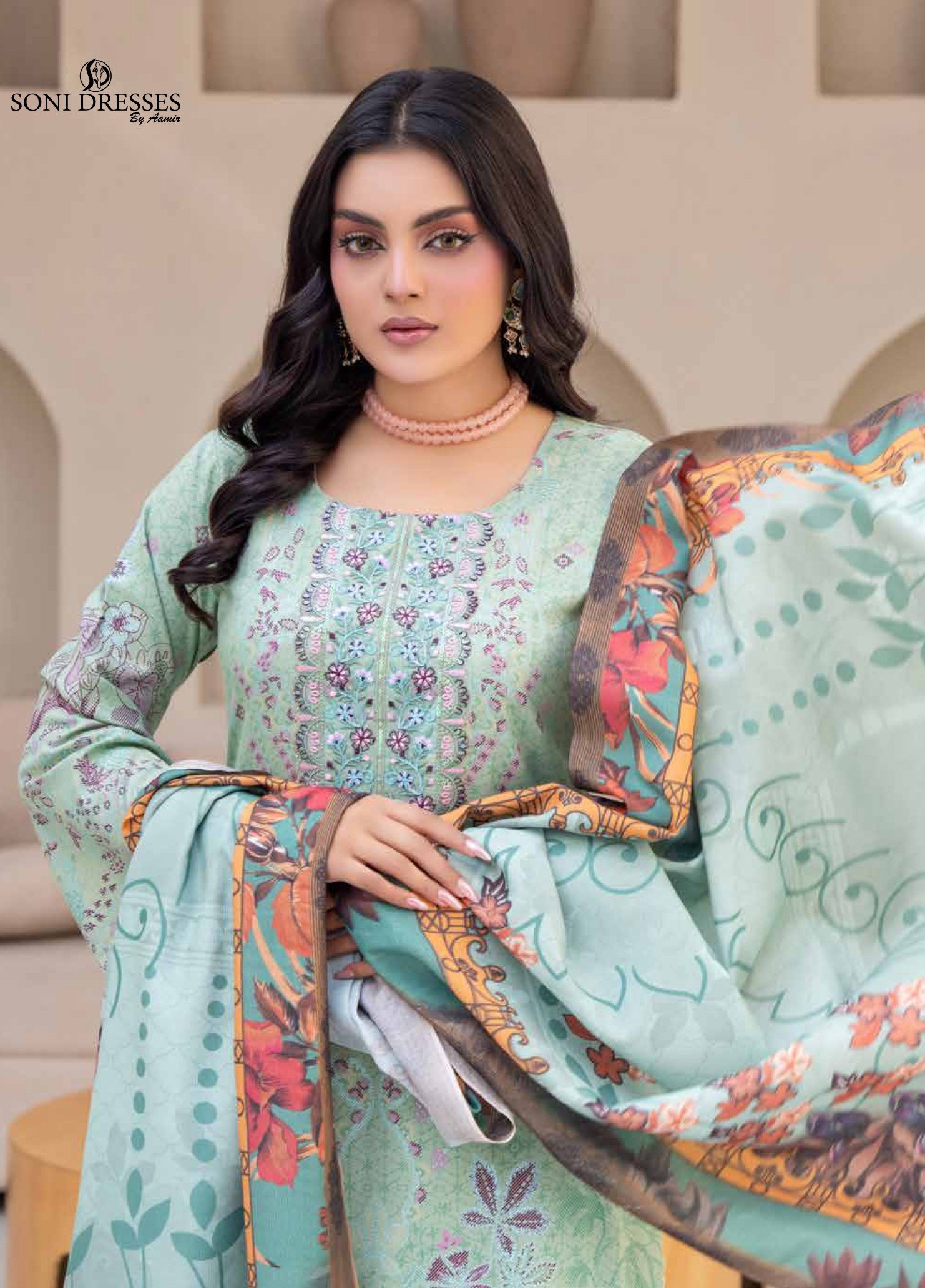 Luxury Mint Green Embroidered 3-Piece Suit with Printed Dupatta, Zouq D3 - Image 4
