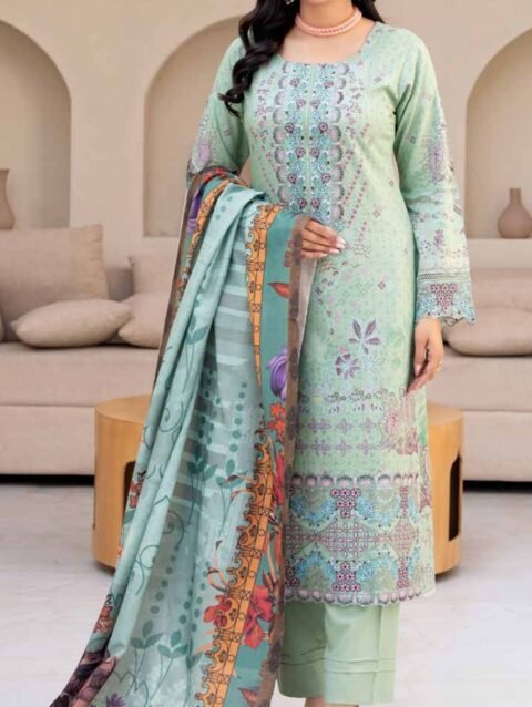 Luxury Mint Green Embroidered 3-Piece Suit with Printed Dupatta, Zouq D3