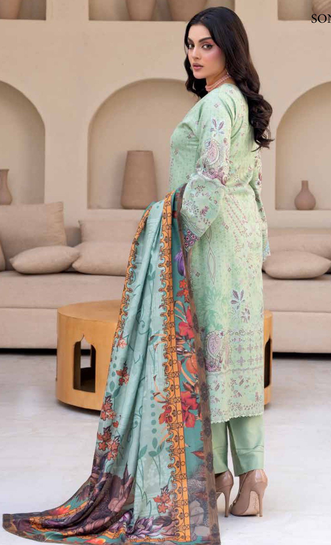 Luxury Mint Green Embroidered 3-Piece Suit with Printed Dupatta, Zouq D3 - Image 5