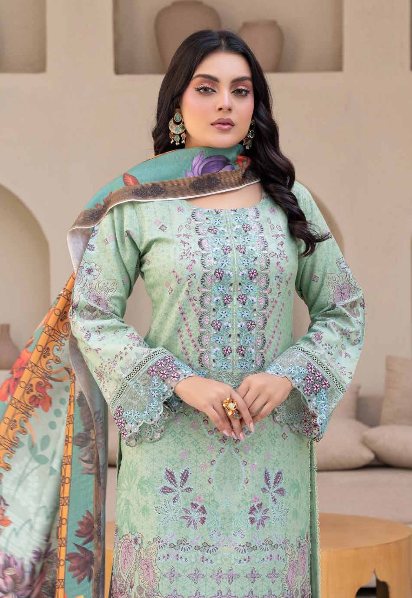Luxury Mint Green Embroidered 3-Piece Suit with Printed Dupatta, Zouq D3 - Image 2