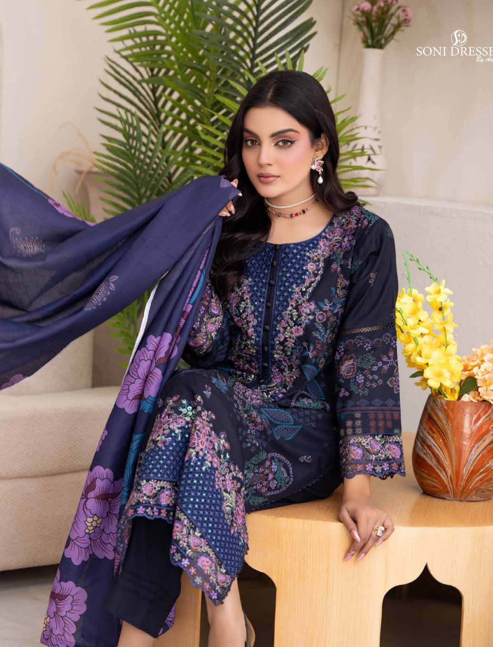 Luxury Midnight Navy Printed 3-Piece Suit with Purple Floral Dupatta, Zouq D4 - Image 4