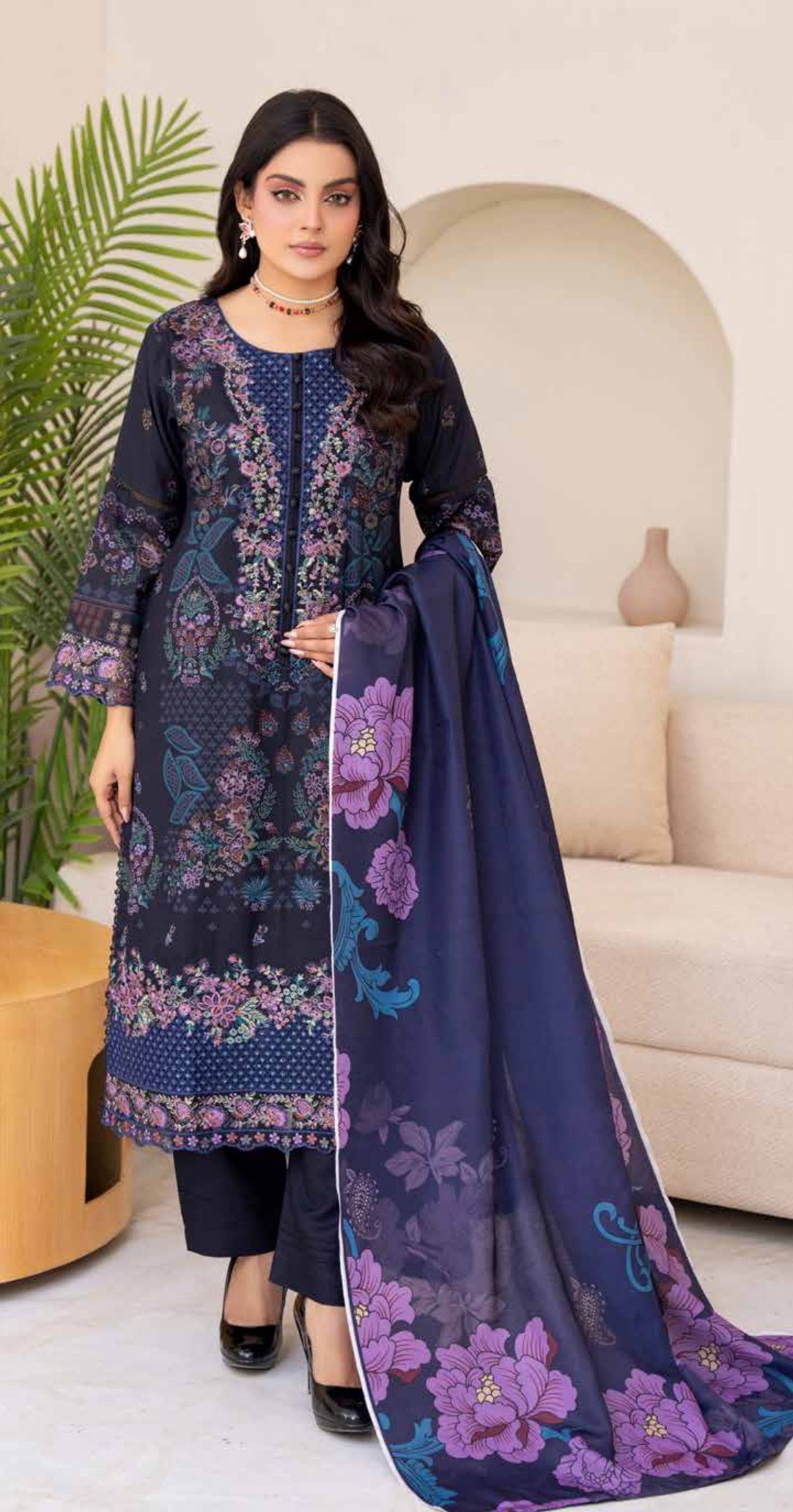 Luxury Midnight Navy Printed 3-Piece Suit with Purple Floral Dupatta, Zouq D4