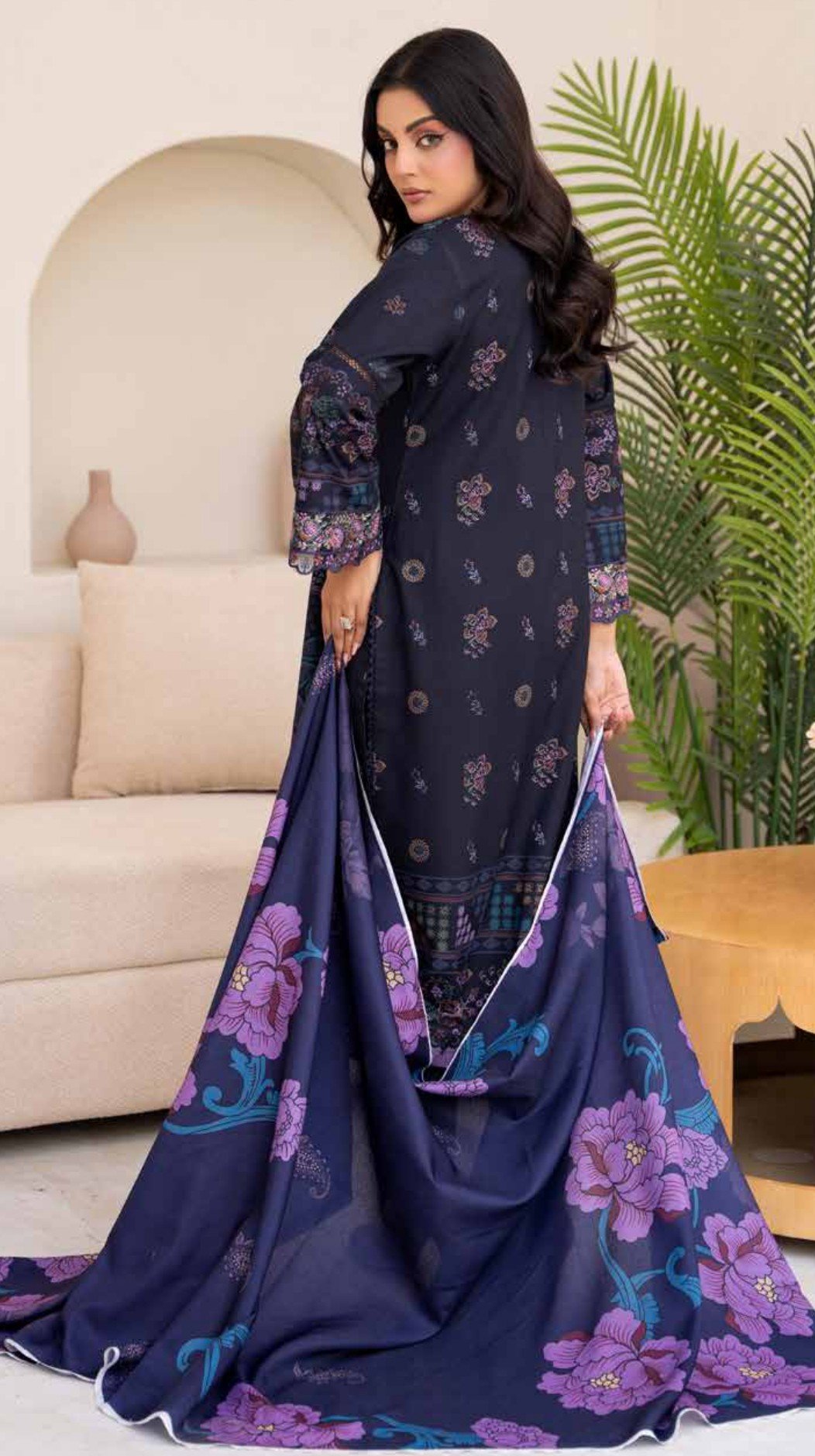 Luxury Midnight Navy Printed 3-Piece Suit with Purple Floral Dupatta, Zouq D4 - Image 3