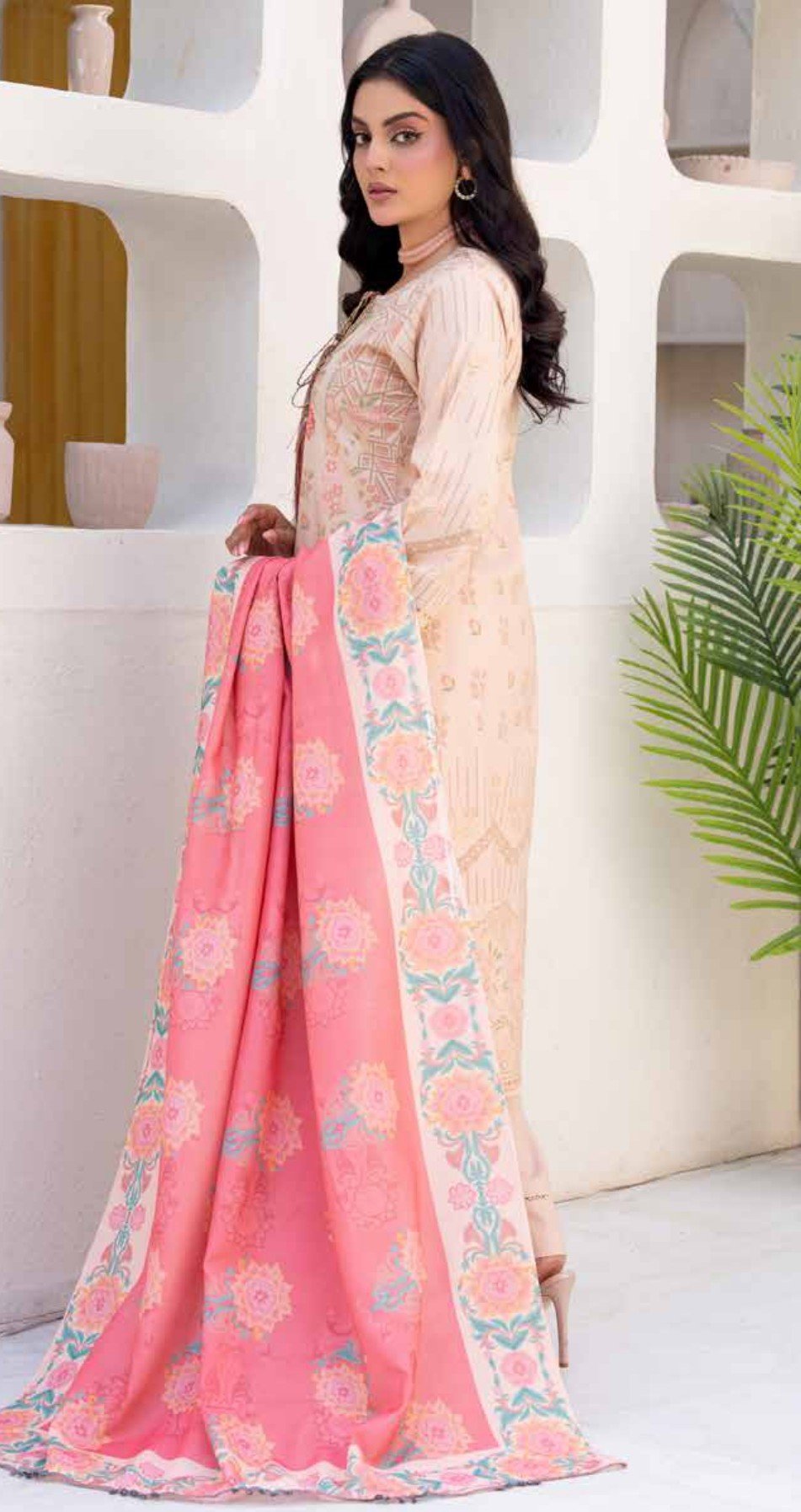 Luxury Peach Beige Embroidered 3-Piece Suit with Coral Pink Dupatta, Zouq D5 - Image 2