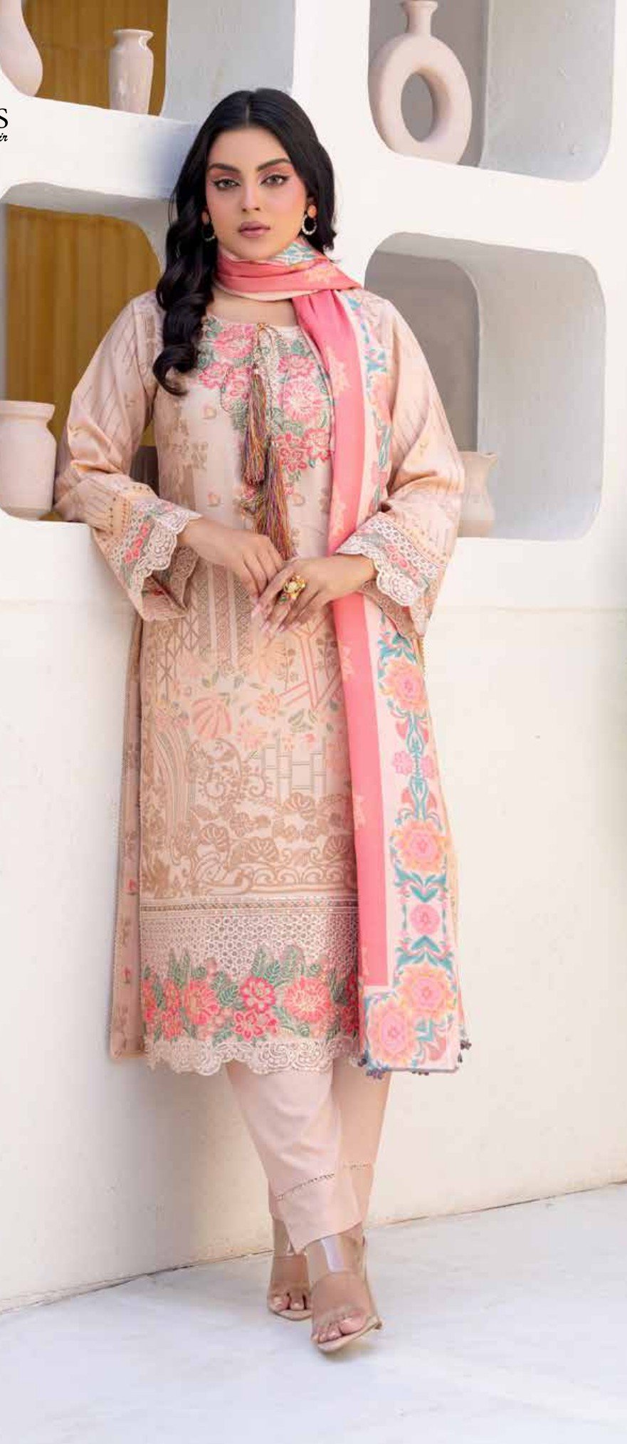 Luxury Peach Beige Embroidered 3-Piece Suit with Coral Pink Dupatta, Zouq D5 - Image 4